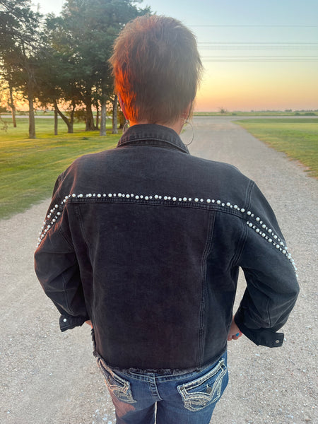 Black Denim Jacket with Faux Pearl and Rhinestone Accents