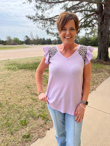 Lavender and Leopard Butterfly Short Sleeve Waffle Top