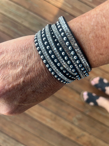 Black Blingy Leather Wrap Bracelet