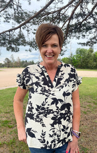 Black and Cream Floral Print Top