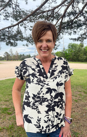 Black and Cream Floral Print Top