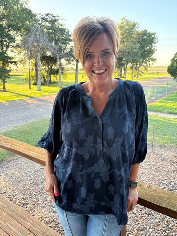 Curvy Floral Burnout Split Neck Top with Bubble Sleeves