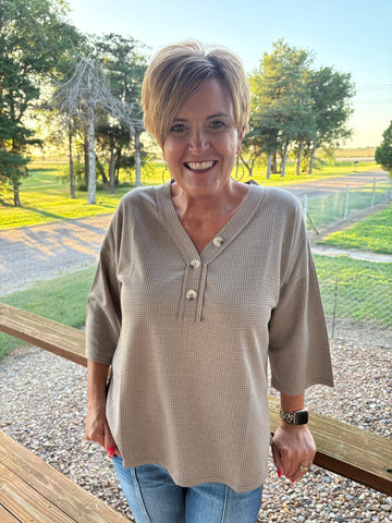 Mocha Thermal 3/4 Sleeve Button Down Top