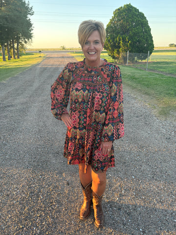 Aztec Twill Ruffle Trimmed Dress