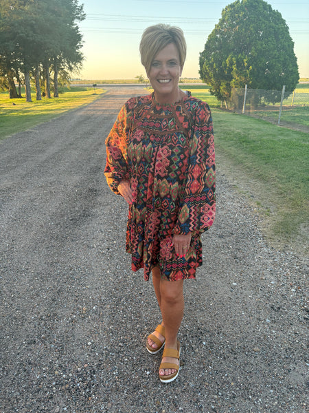 Aztec Twill Ruffle Trimmed Dress