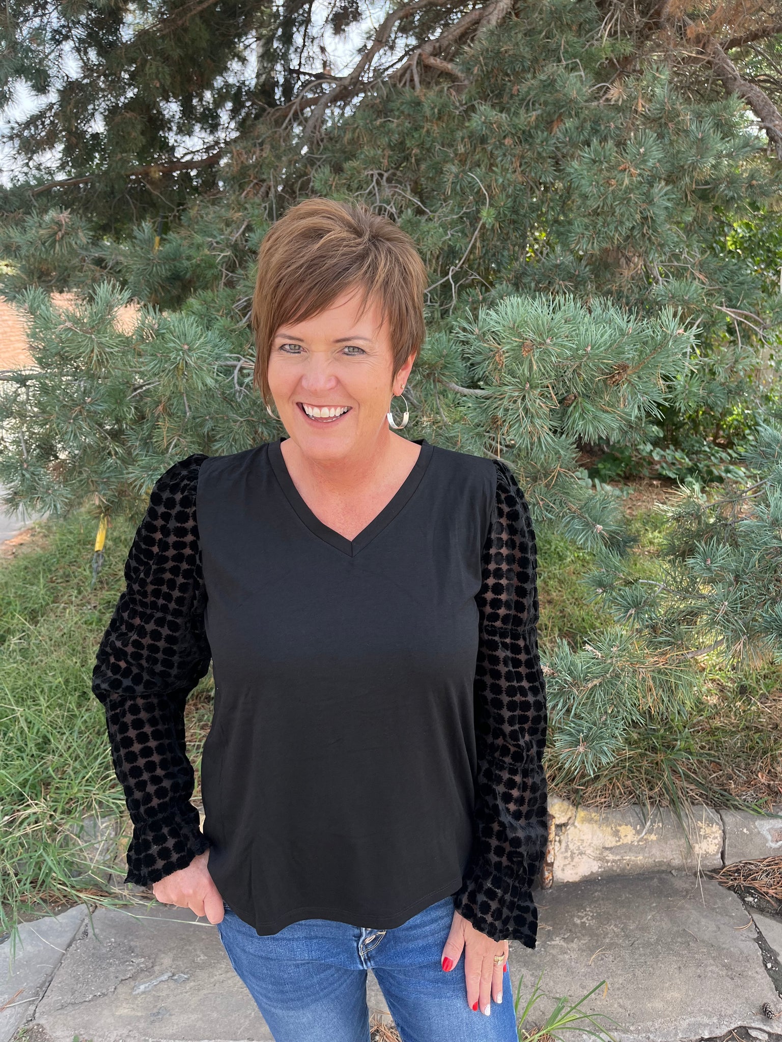 Curvy Black Top With Velvet Dot Sleeve