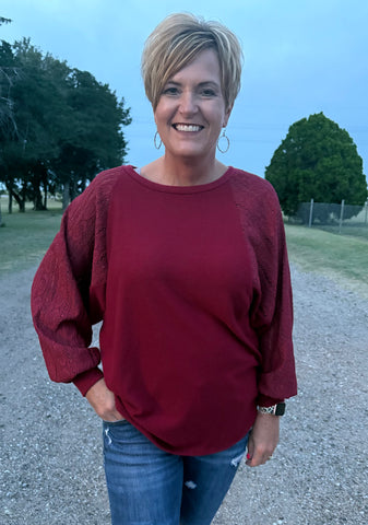 Wine Top With Lace Sleeve Accents
