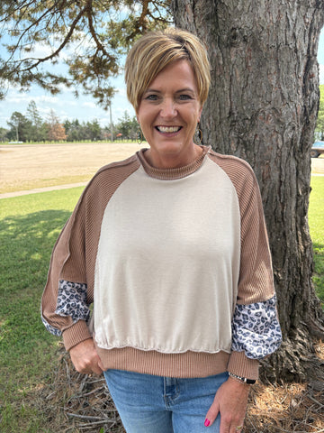 Taupe Oversized Raglan Top With Ribbed/Leopard Sleeves
