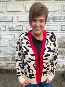 Leopard Pattern With Red Detail Cardigan