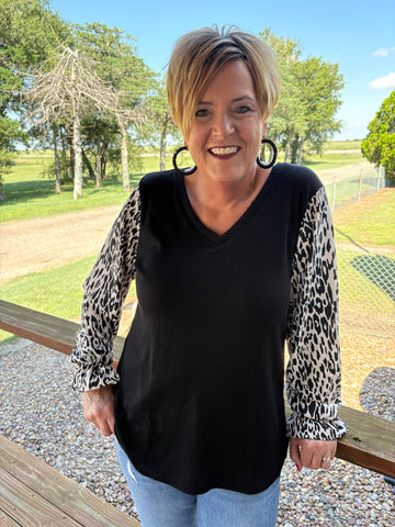Black V-neck Top with Animal Print Sleeves