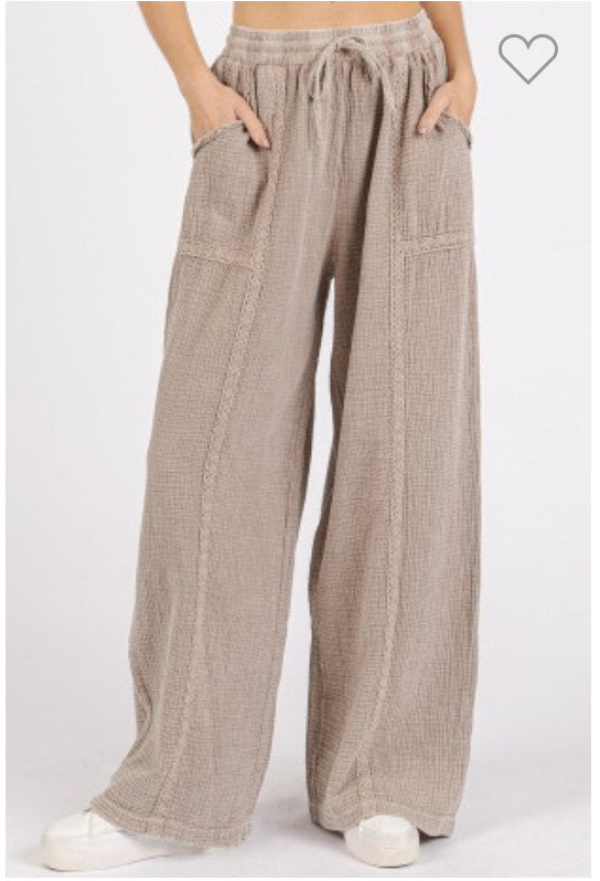 Lace Trim Detail Elastic Waist Cotton Gauze Pants