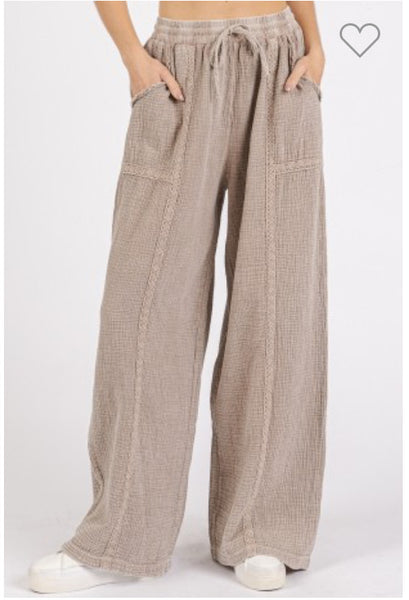 Lace Trim Detail Elastic Waist Cotton Gauze Pants