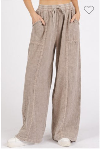 Lace Trim Detail Elastic Waist Cotton Gauze Pants