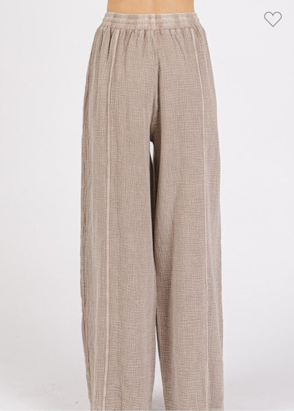 Lace Trim Detail Elastic Waist Cotton Gauze Pants