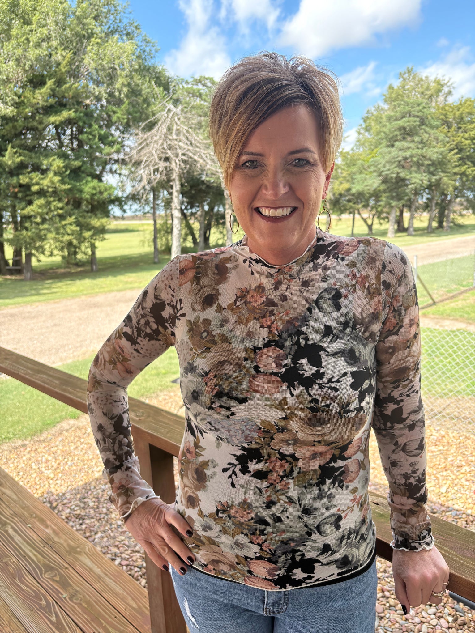 Semi Sheer Floral Mesh Top