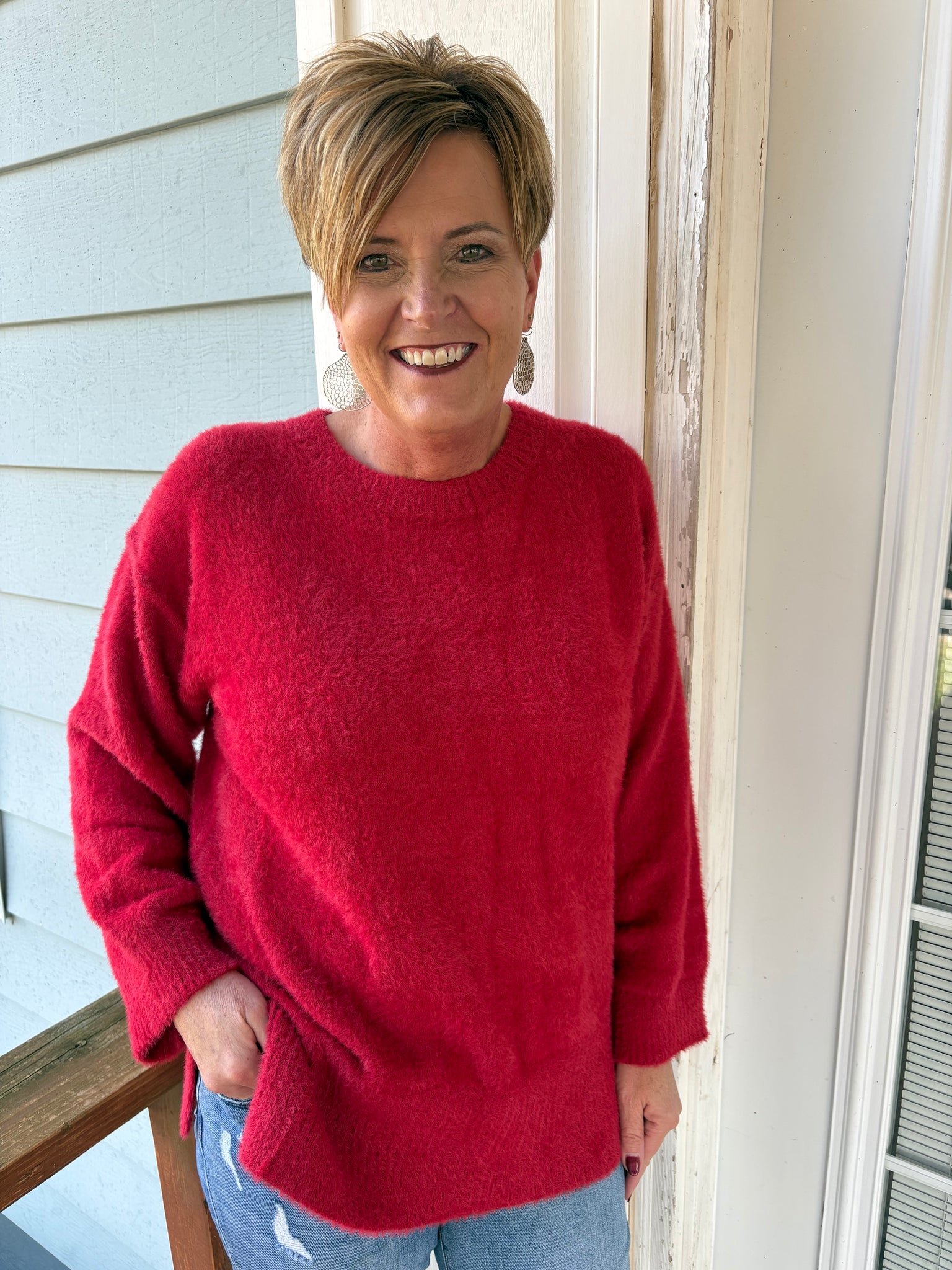 Red Fuzzy Long Sleeve Sweater
