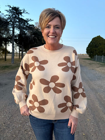 Big Flower Knit Ribbed Trim Sweater