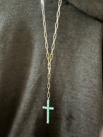 Silver Paper Clip Necklace with Faux Turquoise Cross Pendant
