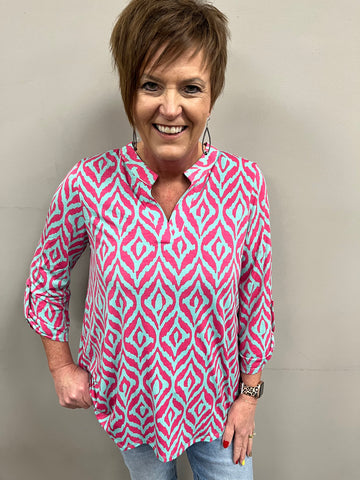 Curvy Turquoise and Pink 3/4 Sleeve V-neck Top