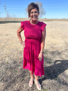 Fuchsia Smocked Tiered Midi Dress