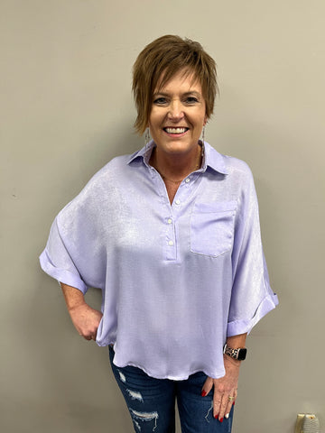Lavender Satin Tunic Top with Button Down Closure and Dolman Sleeves
