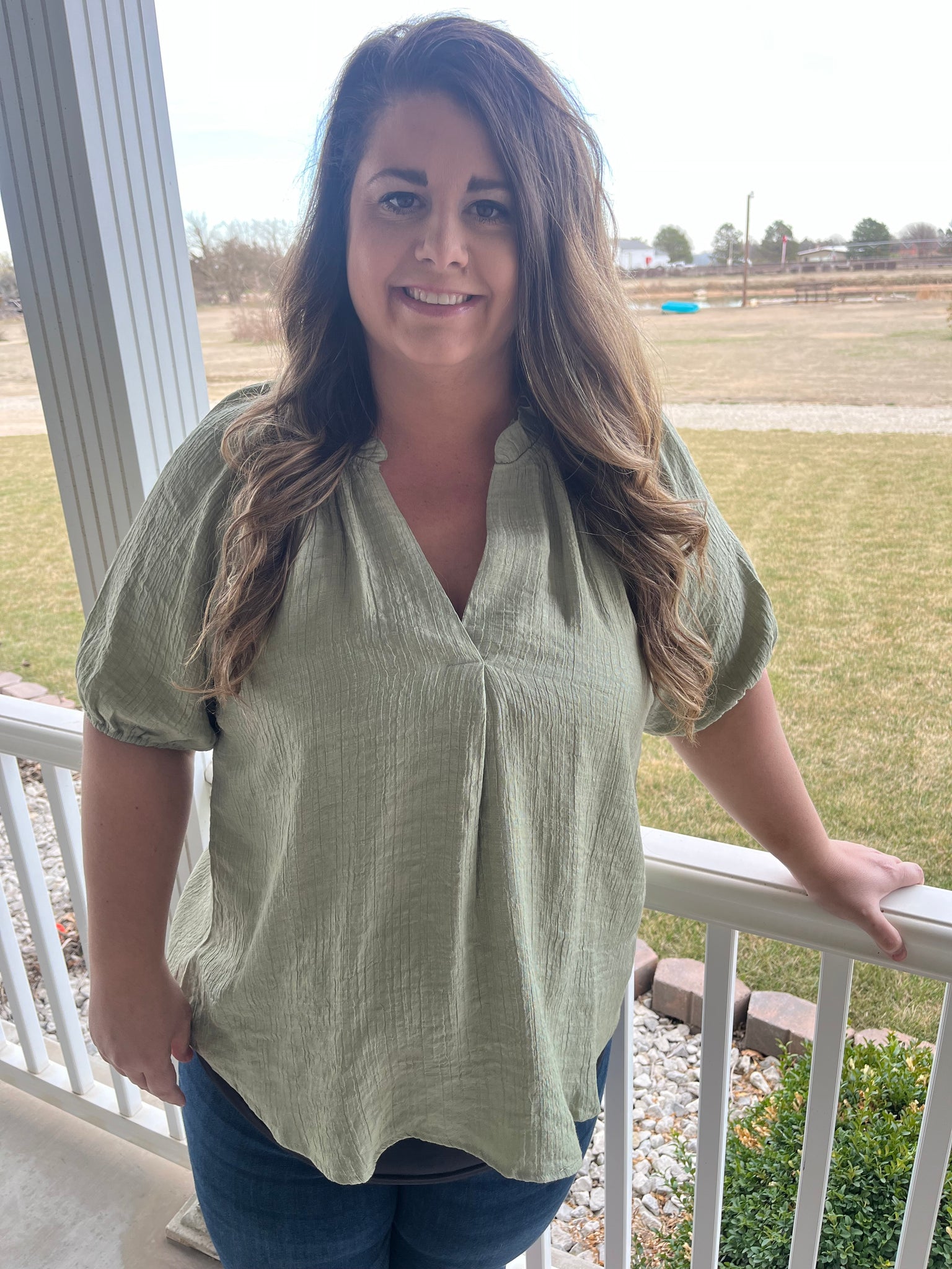 Curvy Light Olive Scrunched V-Neck Top