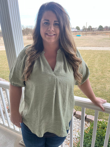 Curvy Light Olive Scrunched V-Neck Top