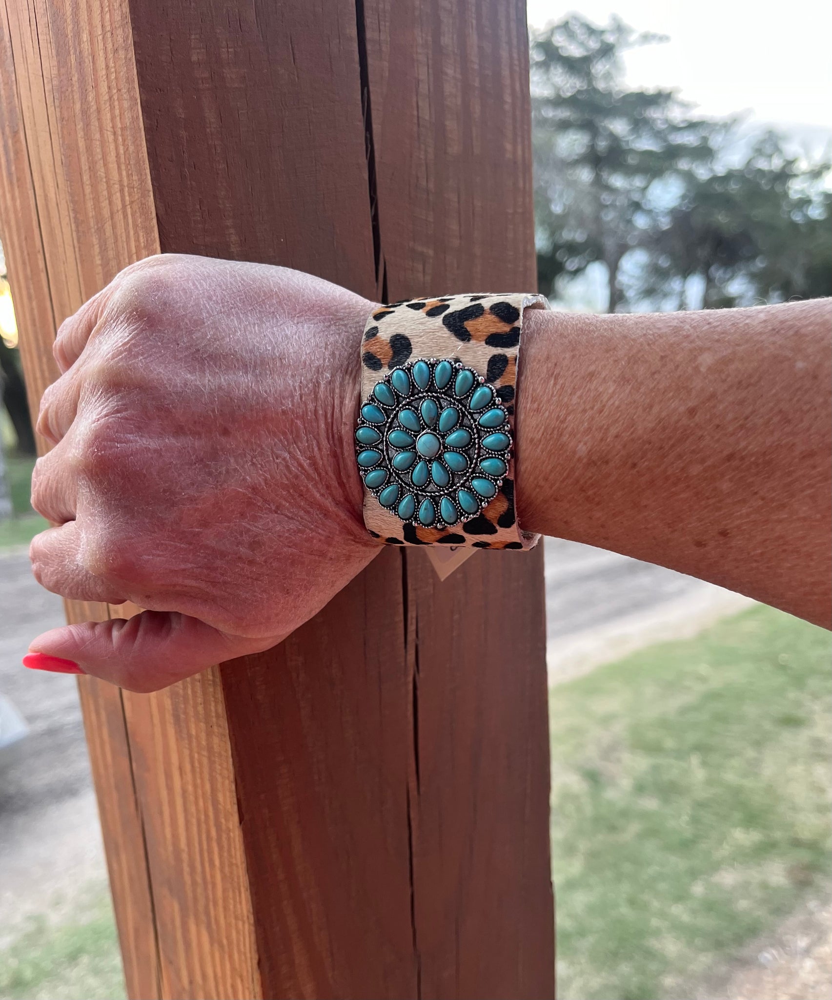 Leopard Suede Bracelet with Faux Turquoise Squash Blossom