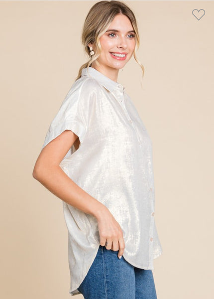 Metallic Collared Button Up Top