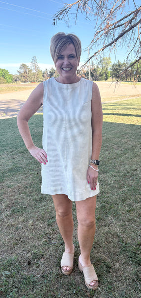 Pinstriped Sleeveless Shift Dress