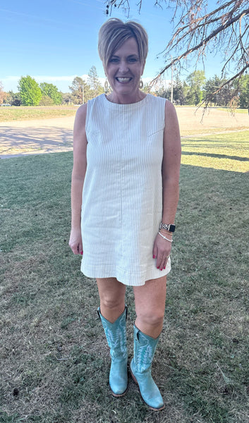 Pinstriped Sleeveless Shift Dress