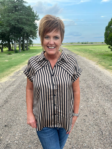 Stripe Collared Button Down Top with Cuffed Sleeves