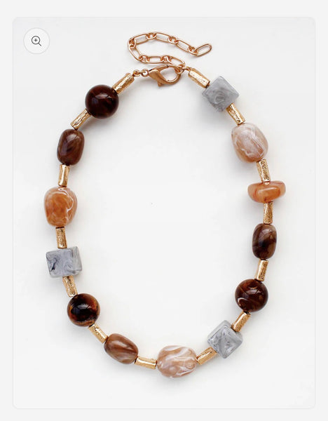 Natural Stone and Gold Tube Beaded Necklace