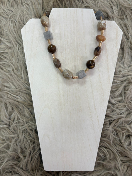 Natural Stone and Gold Tube Beaded Necklace