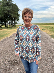 Long Sleeve Multi Color Aztec Print Top