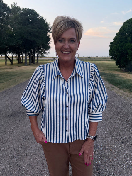 Chambray Striped Button Down Top