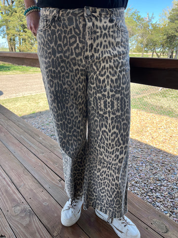 Washed Animal Print Denim Pants