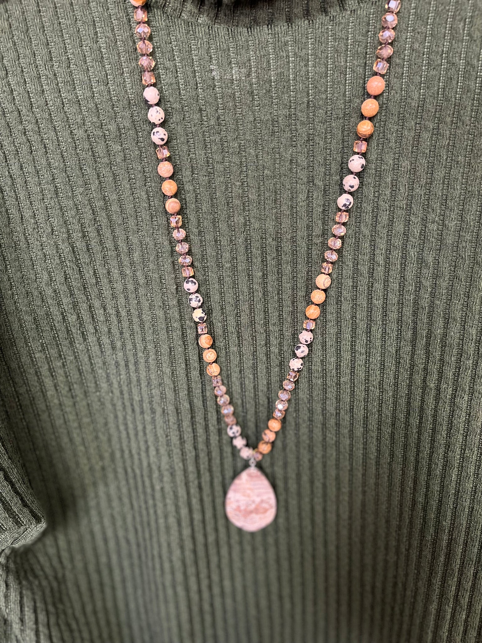 Natural and Brown Beaded Necklace with Teardrop Pendant