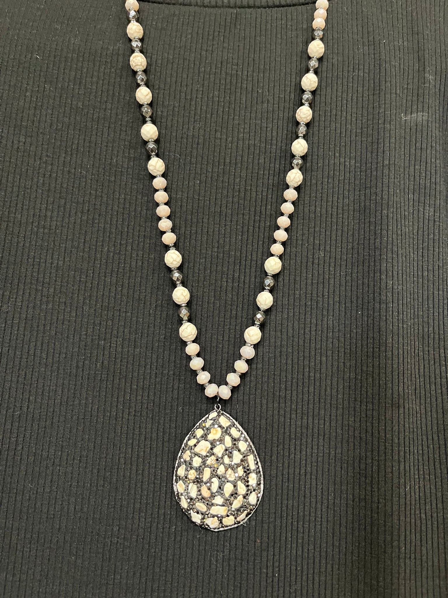 Ivory and Rhinestone beaded necklace with Faux Snakeskin Pendant