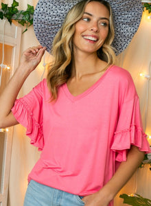 Candy Pink V-neck Top with Ruffle Sleeves