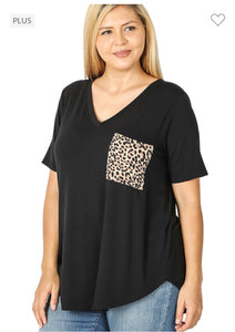 Curvy Black Short Sleeve Leopard Pocket Top