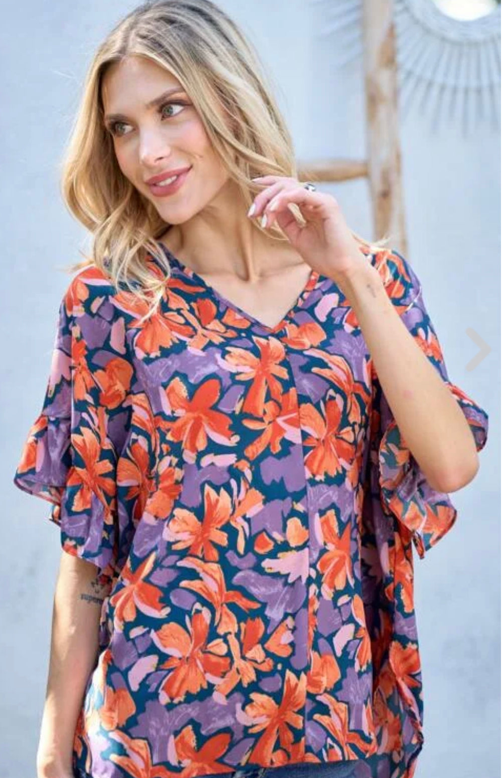 Bold Floral Woven Top with Ruffle Sleeves