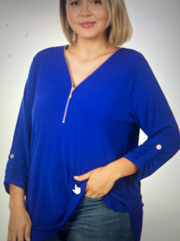 Curvy Bright Blue 3/4 Sleeve Top with Zipper Accent