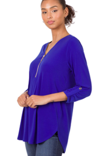 Bright Blue 3/4 Sleeve Top with Zipper Accent