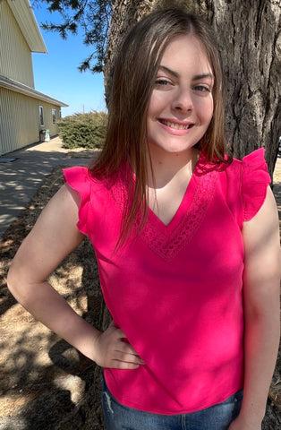 Hot Pink V-Neck Ruffle Sleeve Top