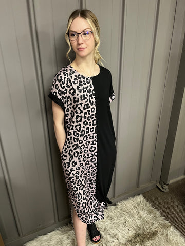 Contrast Solid Leopard Short Sleeve T-shirt Dress