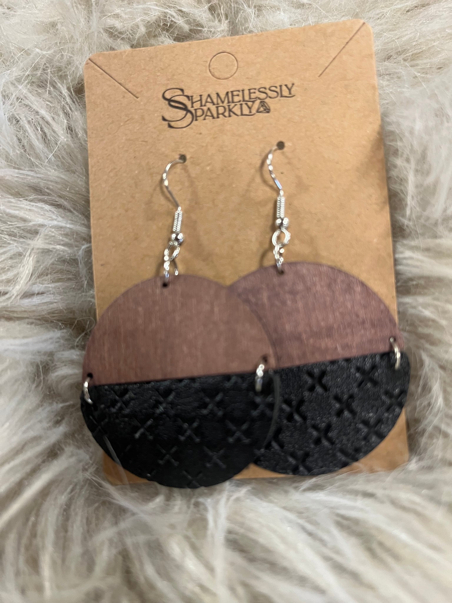 Wood and Black Leather Drop Earrings