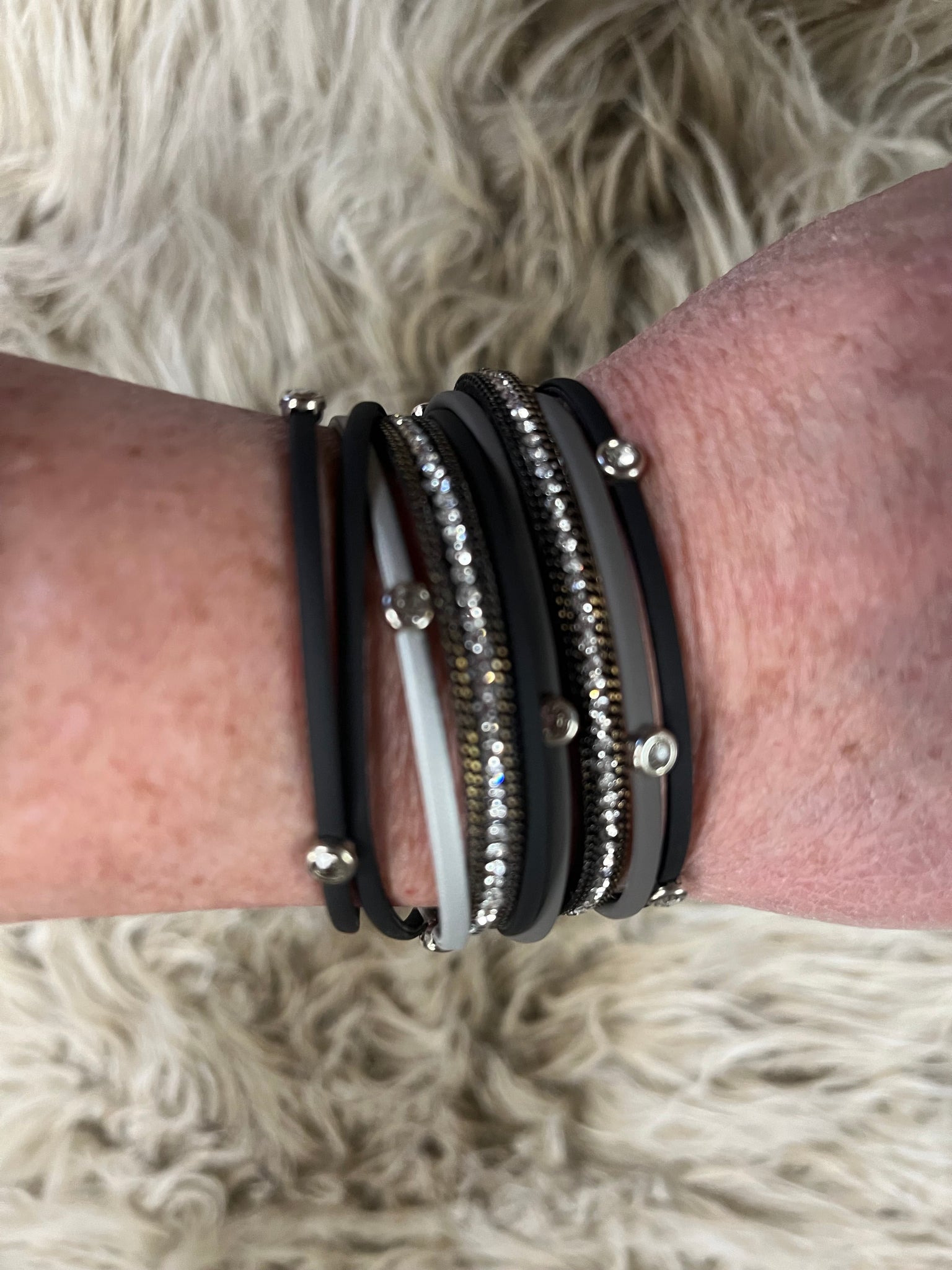 Multi Strand Black/Gray Leather Bracelet with Magnetic Clasp