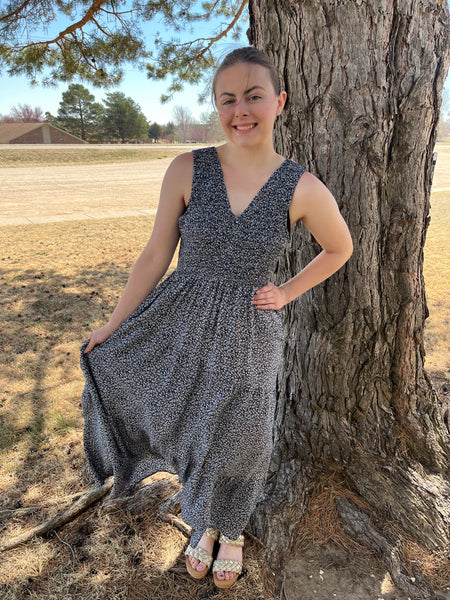 Curvy Navy Floral Smocked Ruffle Maxi Dress With Pockets