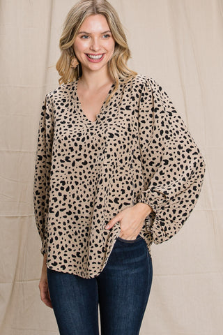 Dalmatian Print V-Neck Bubble Sleeve Top